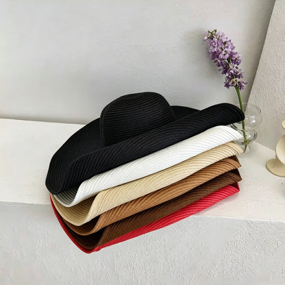 White Straw Hat Womens Foldable Wide Brim Beach Sun Hat Vacation Style