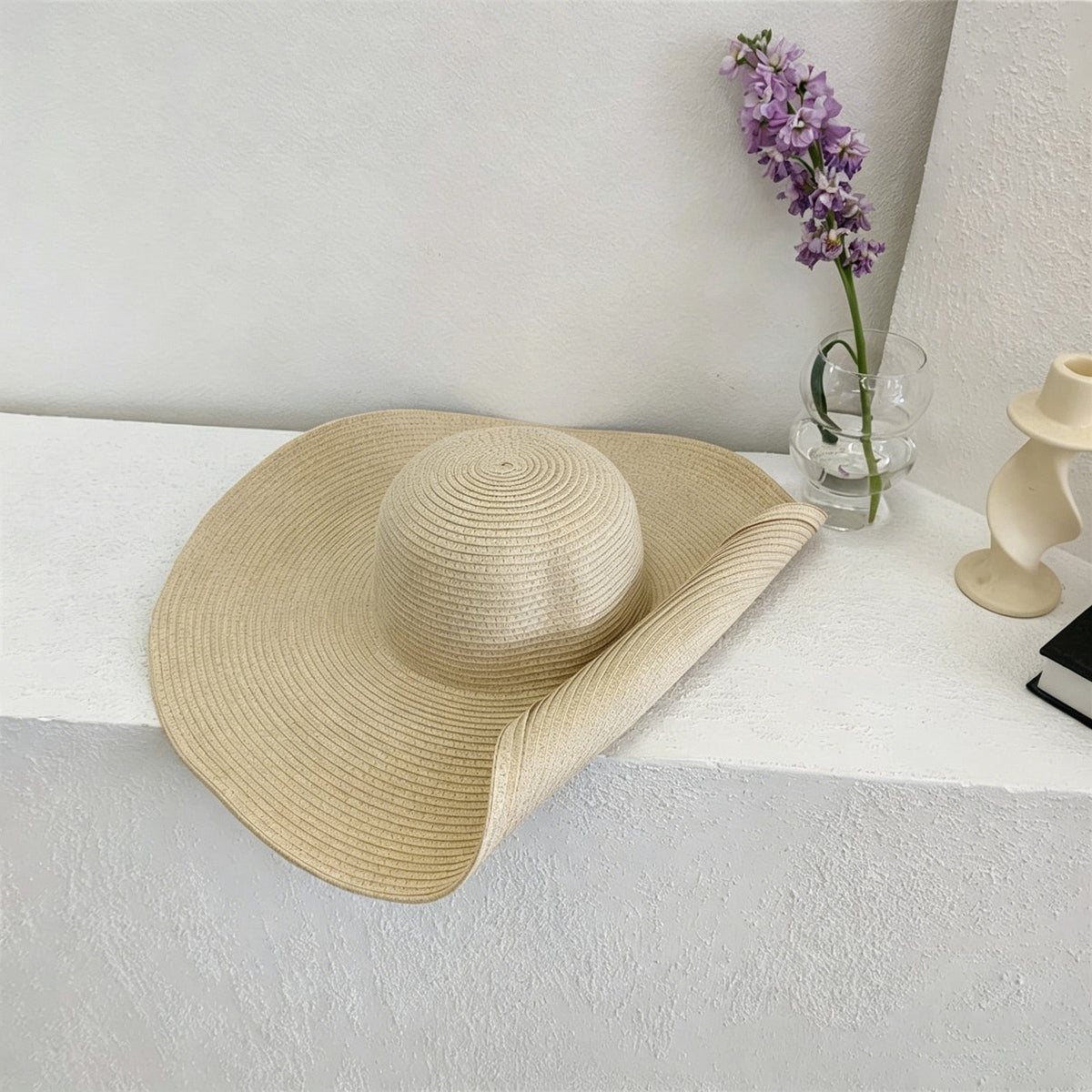 White Straw Hat Womens Foldable Wide Brim Beach Sun Hat Vacation Style