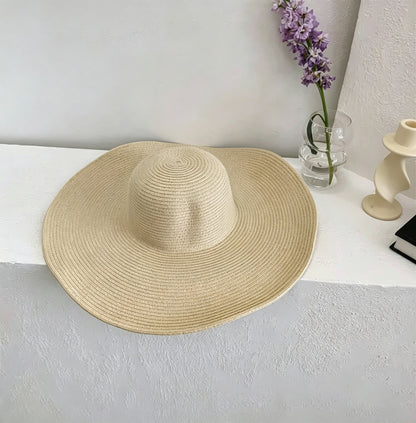 White Straw Hat Womens Foldable Wide Brim Beach Sun Hat Vacation Style