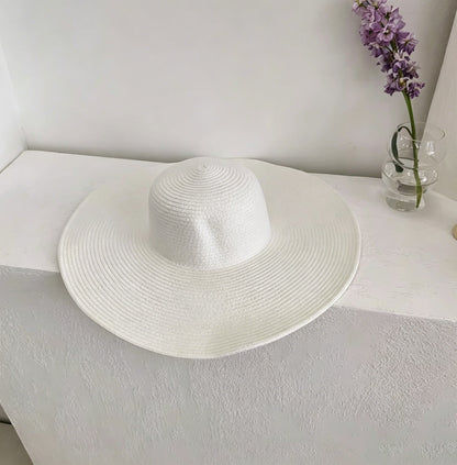 White Straw Hat Womens Foldable Wide Brim Beach Sun Hat Vacation Style