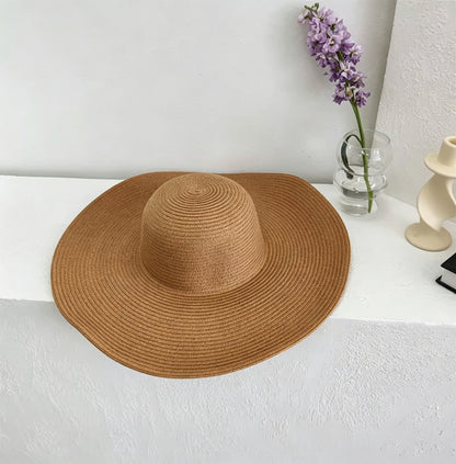 White Straw Hat Womens Foldable Wide Brim Beach Sun Hat Vacation Style