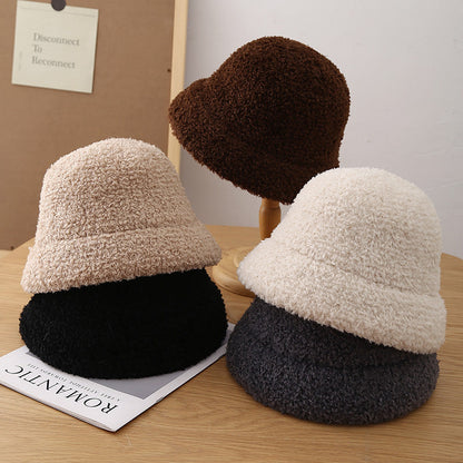 Winter Bucket Hat Teddy Fleece – Unisex Wool-Look Round Top Bucket Hat for Cold Weather